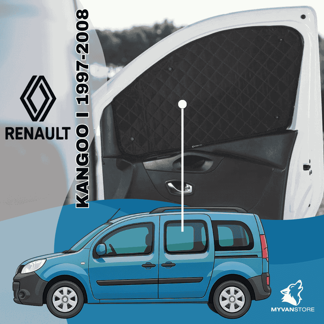 Rideaux occultants et isolants thermiques pare-soleil MyVanStore, conçus pour améliorer le confort et l’isolation des vans aménagés et camping-cars, compatibles avec Renault Kangoo I (1997–2008)