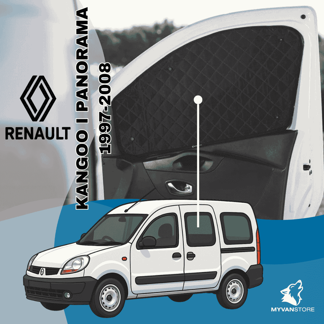Rideaux occultants et isolants thermiques pare-soleil MyVanStore, conçus pour améliorer le confort et l’isolation des vans aménagés et camping-cars, compatibles avec Renault Kangoo I Panorama (1997–2008)