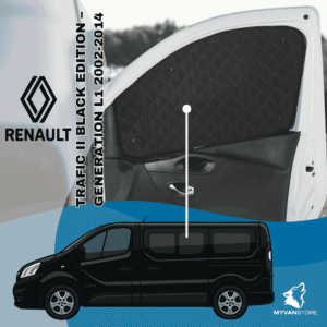 Rideaux occultants et isolants thermiques pare-soleil MyVanStore, conçus pour améliorer le confort et l’isolation des vans aménagés et camping-cars, compatibles avec Renault Trafic II Black Edition Generation L1 (2002–2014)