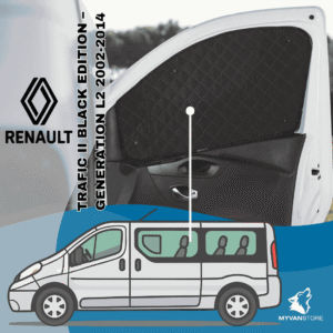 Rideaux occultants et isolants thermiques pare-soleil MyVanStore, conçus pour améliorer le confort et l’isolation des vans aménagés et camping-cars, compatibles avec Renault Trafic II Black Edition Generation L2 (2002-2014)