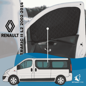 Rideaux occultants et isolants thermiques pare-soleil MyVanStore, conçus pour améliorer le confort et l’isolation des vans aménagés et camping-cars, compatibles avec Renault Trafic II L2 (2002–2014)