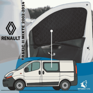 Rideaux occultants et isolants thermiques pare-soleil MyVanStore, conçus pour améliorer le confort et l’isolation des vans aménagés et camping-cars, compatibles avec Renault Trafic II Mixta (2002-2014)