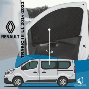 Rideaux occultants et isolants thermiques pare-soleil MyVanStore, conçus pour améliorer le confort et l’isolation des vans aménagés et camping-cars, compatibles avec Renault Trafic III L1 (2014–2021)