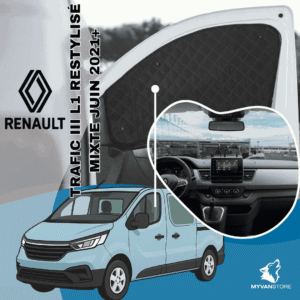 Rideaux occultants et isolants thermiques pare-soleil MyVanStore, conçus pour améliorer le confort et l’isolation des vans aménagés et camping-cars, compatibles avec Renault Trafic III L1 Restylé Mixte (à partir de juin 2021)