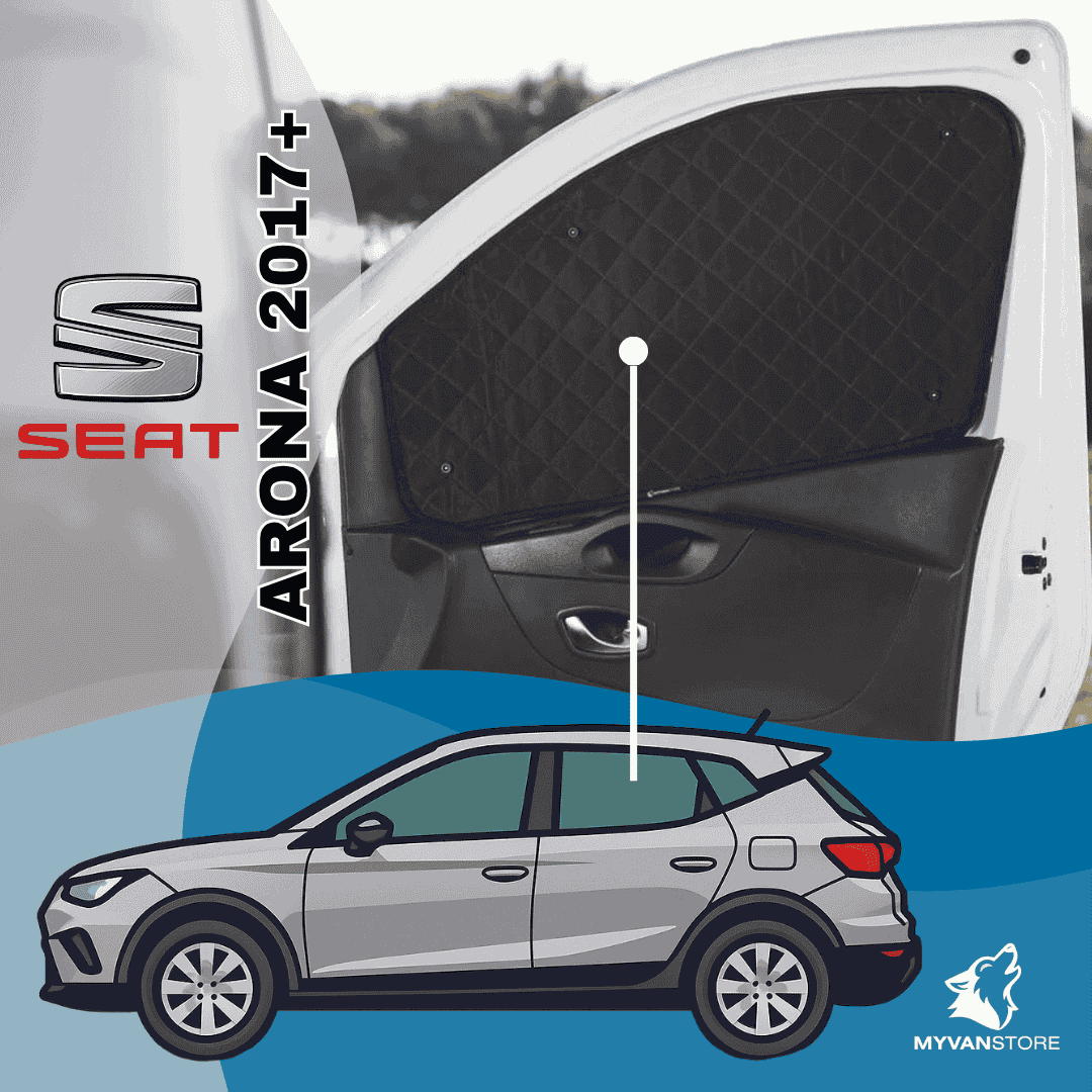Rideaux occultants et isolants thermiques pare-soleil MyVanStore, conçus pour améliorer le confort et l’isolation des vans aménagés et camping-cars, compatibles avec SEAT Arona (à partir de 2017)