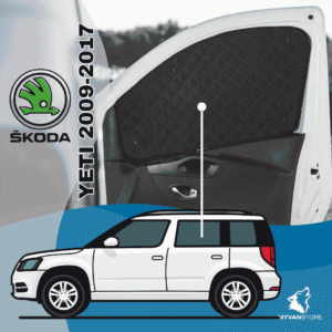 Rideaux occultants et isolants thermiques pare-soleil MyVanStore, conçus pour améliorer le confort et l’isolation des vans aménagés et camping-cars, compatibles avec Skoda Yeti (2009-2017)