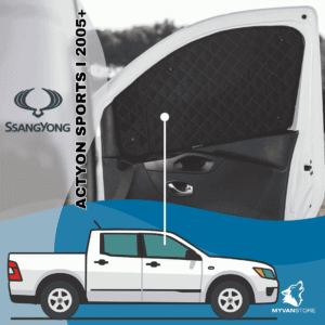 Rideaux occultants et isolants thermiques pare-soleil MyVanStore, conçus pour améliorer le confort et l’isolation des vans aménagés et camping-cars, compatibles avec SsangYong Actyon Sports I (à partir de 2005)