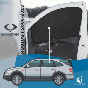 Rideaux occultants et isolants thermiques pare-soleil MyVanStore, conçus pour améliorer le confort et l’isolation des vans aménagés et camping-cars, compatibles avec SsangYong Rodius I (2004-2013)