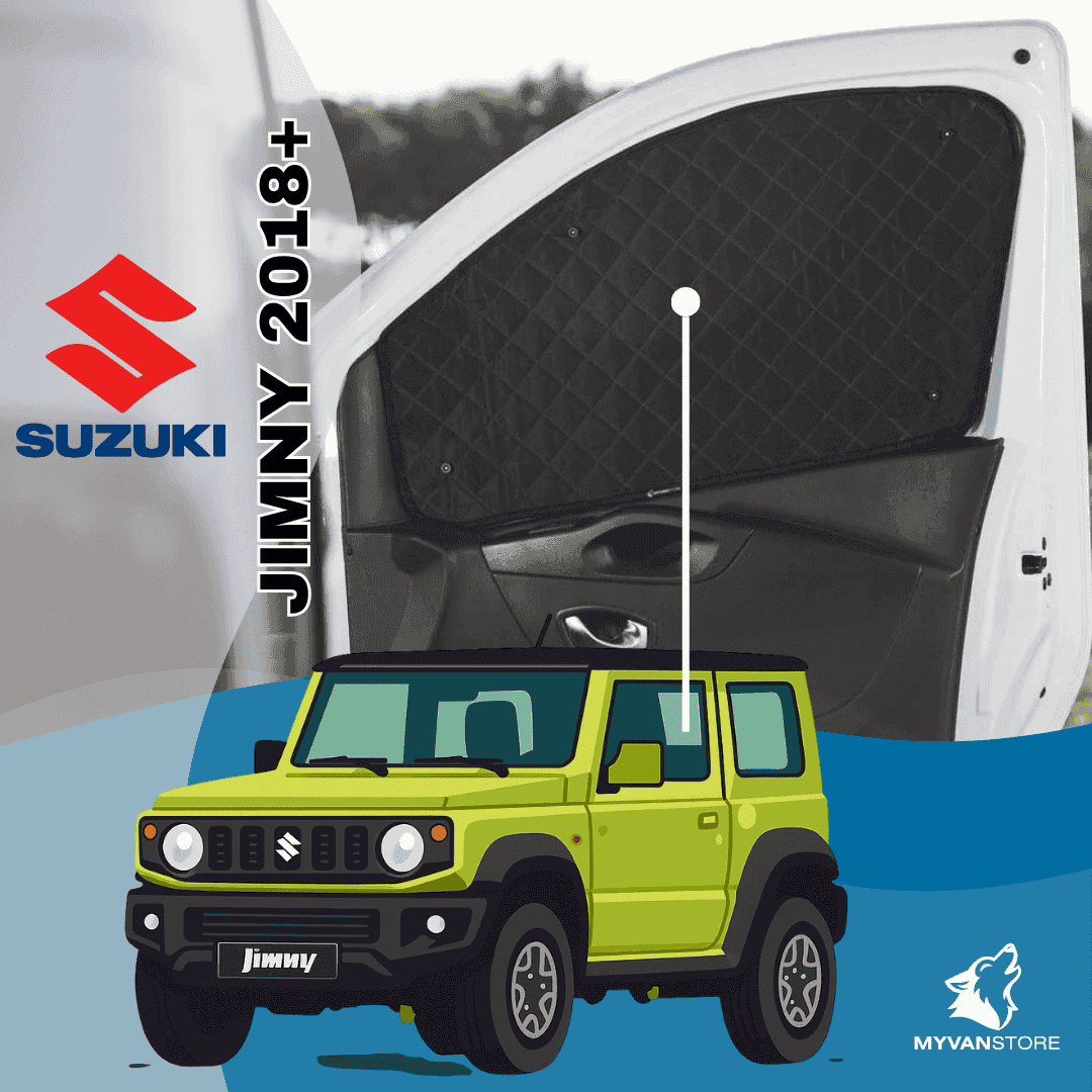 Rideaux occultants et isolants thermiques pare-soleil MyVanStore, conçus pour améliorer le confort et l’isolation des vans aménagés et camping-cars, compatibles avec Suzuki Jimny (à partir de 2018)