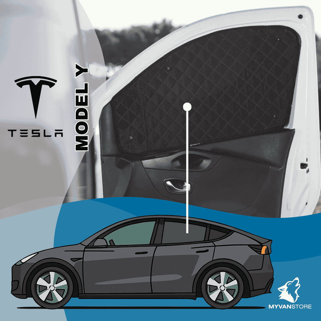 Rideaux occultants et isolants thermiques pare-soleil MyVanStore, conçus pour améliorer le confort et l’isolation des vans aménagés et camping-cars, compatibles avec Tesla Model Y