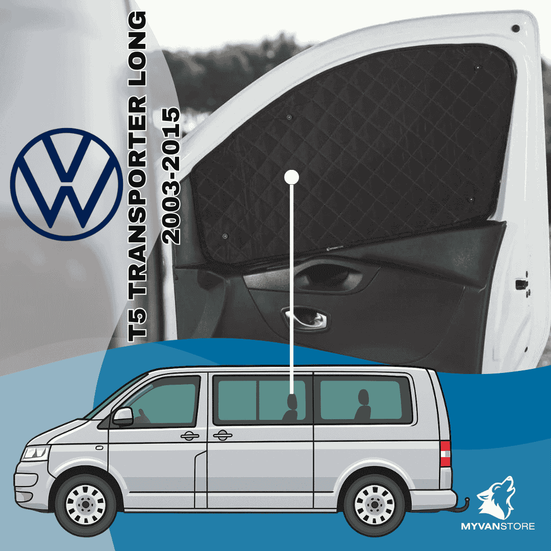 Rideaux occultants et isolants thermiques pare soleil Volkswagen T5 Transporter Long 2003 2015 pour van aménagé et camping car MyVanStore afin d’améliorer le confort intérieur et l’isolation thermique