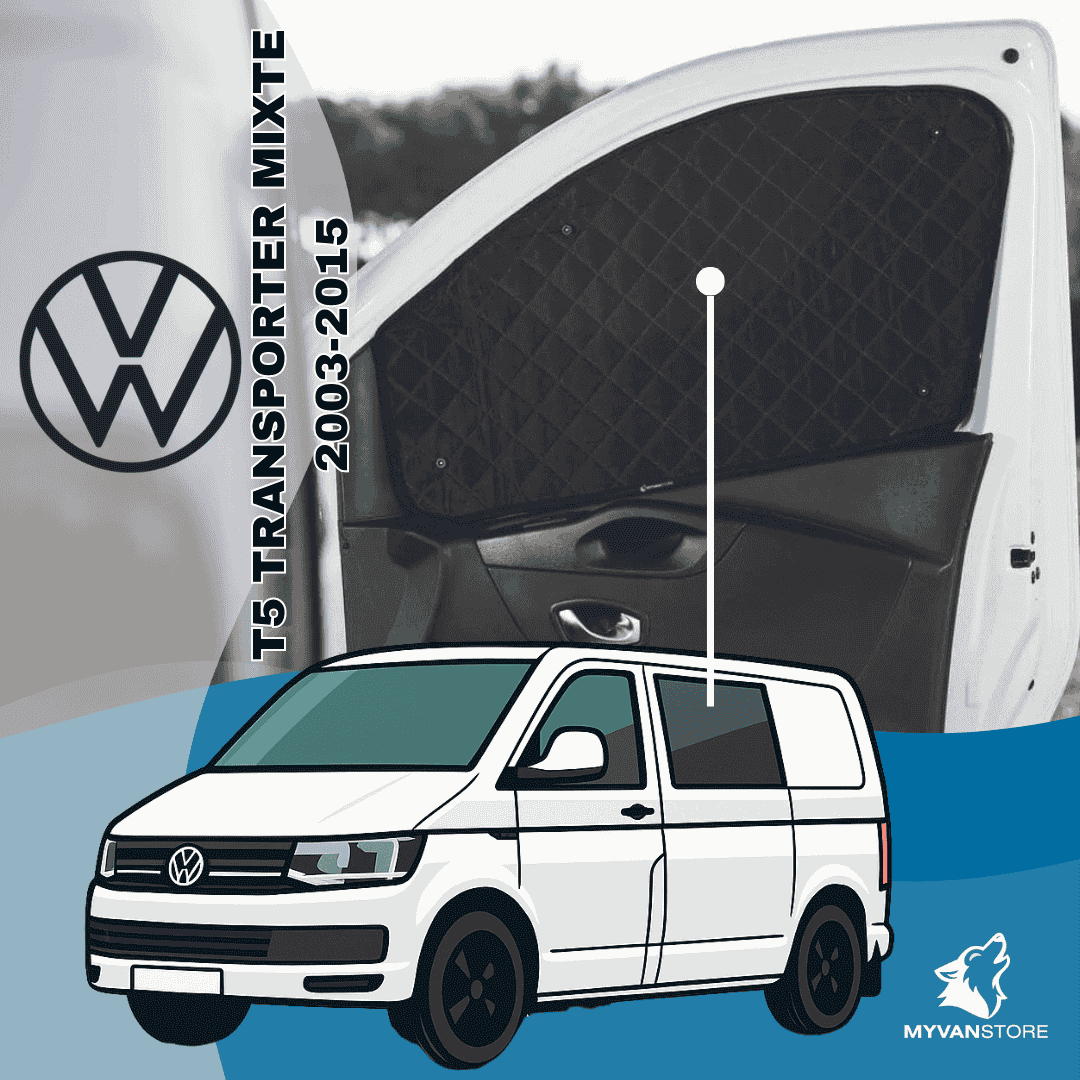 Rideaux occultants et isolants thermiques pare soleil Volkswagen T5 Transporter Mixte 2003 2015 pour van aménagé et camping car MyVanStore afin d’améliorer le confort intérieur et l’isolation thermique