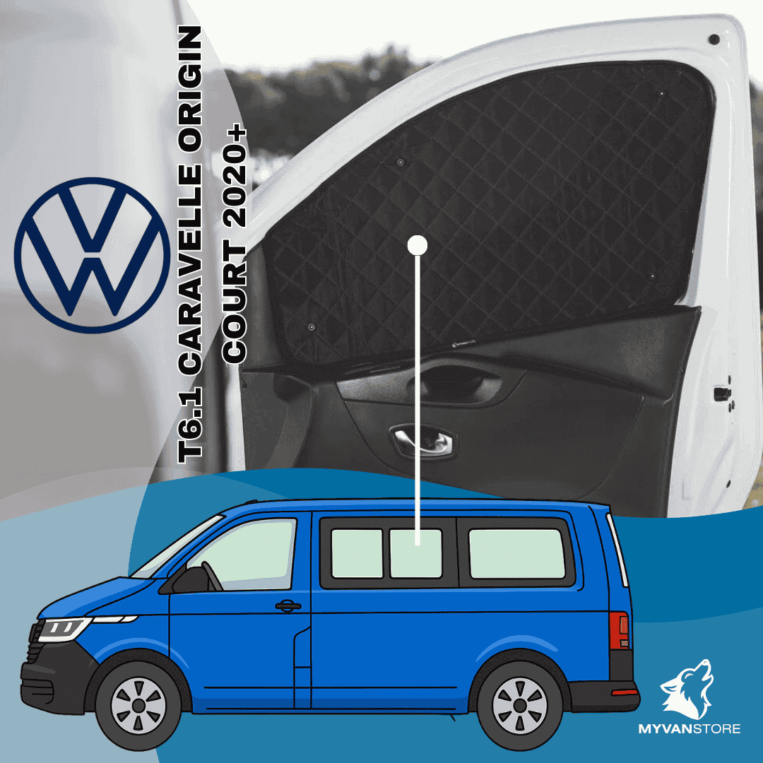 Rideaux occultants et isolants thermiques pare soleil Volkswagen T6.1 Caravelle Origin Court à partir de 2020 pour van aménagé et camping car MyVanStore afin d’améliorer le confort intérieur et l’isolation thermique