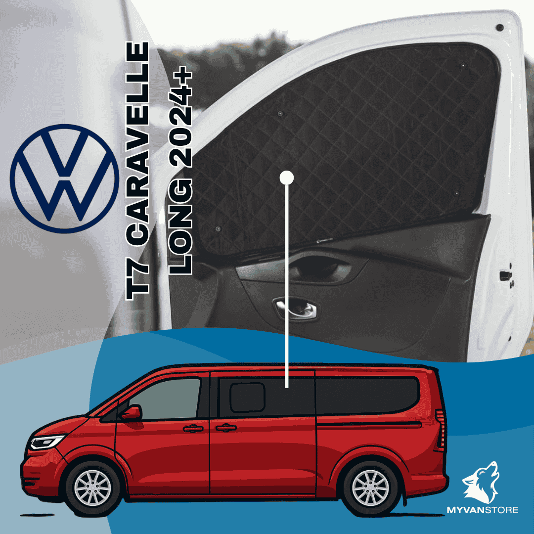 Rideaux occultants et isolants thermiques pare soleil Volkswagen T7 Caravelle Long à partir de 2024 pour van aménagé et camping car MyVanStore afin d’améliorer le confort intérieur et l’isolation thermique