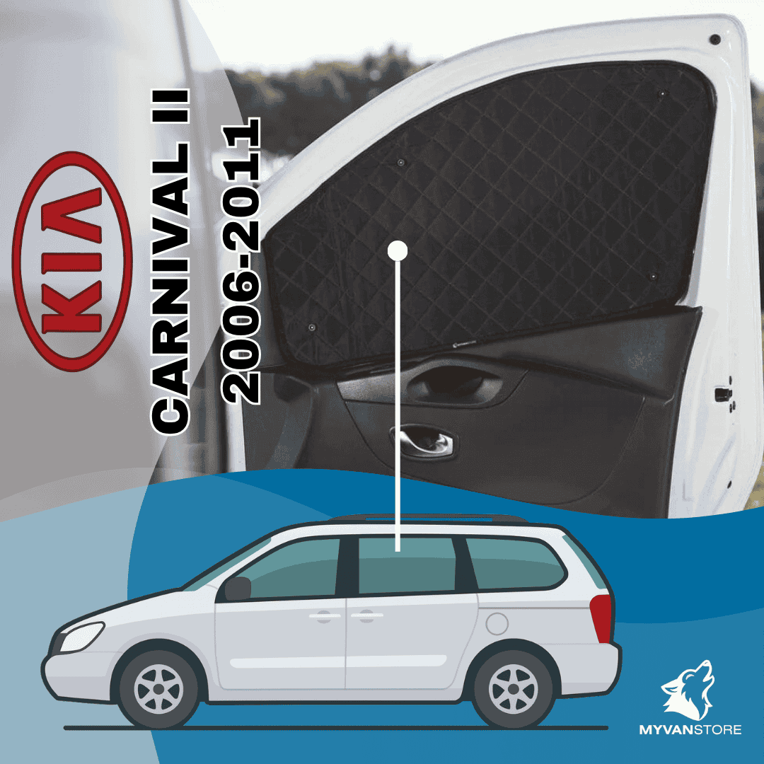 Rideaux occultants et isolants thermiques pare-soleil MyVanStore, conçus pour améliorer le confort et l’isolation des vans aménagés et camping-cars, compatibles avec Kia Carnival II (2006–2011)
