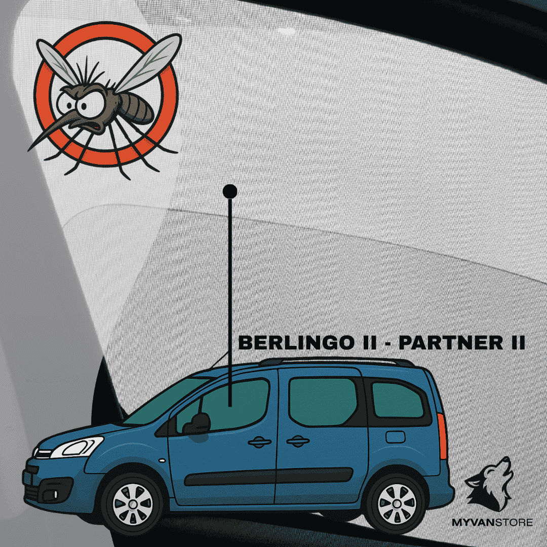 Zanzariera anteriore cabina per Citroën Berlingo II e Peugeot Partner II progettata da MyVanStore per van aménagé e camper, per migliorare la ventilazione e il comfort interno proteggendo dagli insetti