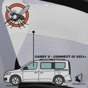 Moustiquaire avant cabine pour Volkswagen Caddy V et Ford Connect III à partir de 2021 conçue par MyVanStore pour van aménagé et camping car afin d’améliorer la ventilation et le confort intérieur tout en protégeant des insectes