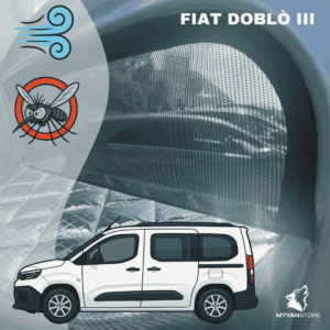 Moustiquaire avant cabine pour Fiat Doblò III conçue par MyVanStore pour van aménagé et camping car afin d’améliorer la ventilation et le confort intérieur tout en protégeant des insectes