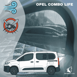 Moustiquaire avant cabine pour Opel Combo Life conçue par MyVanStore pour van aménagé et camping car afin d’améliorer la ventilation et le confort intérieur tout en protégeant des insectes