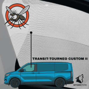 Moustiquaire avant cabine pour Ford Transit Tourneo Custom II conçue par MyVanStore pour van aménagé et camping car afin d’améliorer la ventilation et le confort intérieur tout en protégeant des insectes
