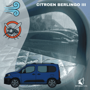 Moustiquaire avant cabine pour Citroën Berlingo III conçue par MyVanStore pour van aménagé et camping car afin d’améliorer la ventilation et le confort intérieur tout en protégeant des insectes