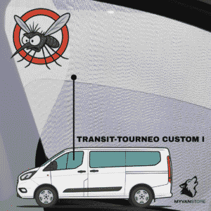 Zanzariera anteriore cabina per Ford Transit – Tourneo Custom I progettata da MyVanStore per van aménagé e camper, per migliorare la ventilazione e il comfort interno proteggendo dagli insetti