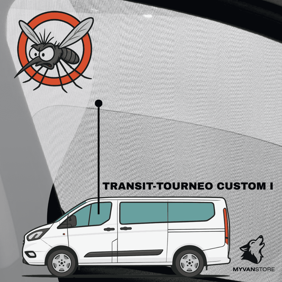 Zanzariera anteriore cabina per Ford Transit – Tourneo Custom I progettata da MyVanStore per van aménagé e camper, per migliorare la ventilazione e il comfort interno proteggendo dagli insetti
