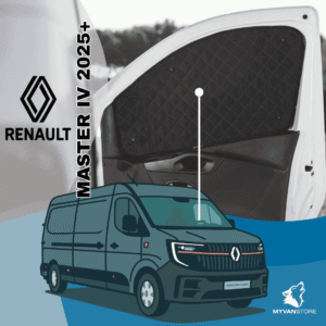Rideaux occultants et isolants thermiques pare-soleil MyVanStore, conçus pour améliorer le confort et l’isolation des vans aménagés et camping-cars, compatibles avec Renault Master IV (à partir de 2025)