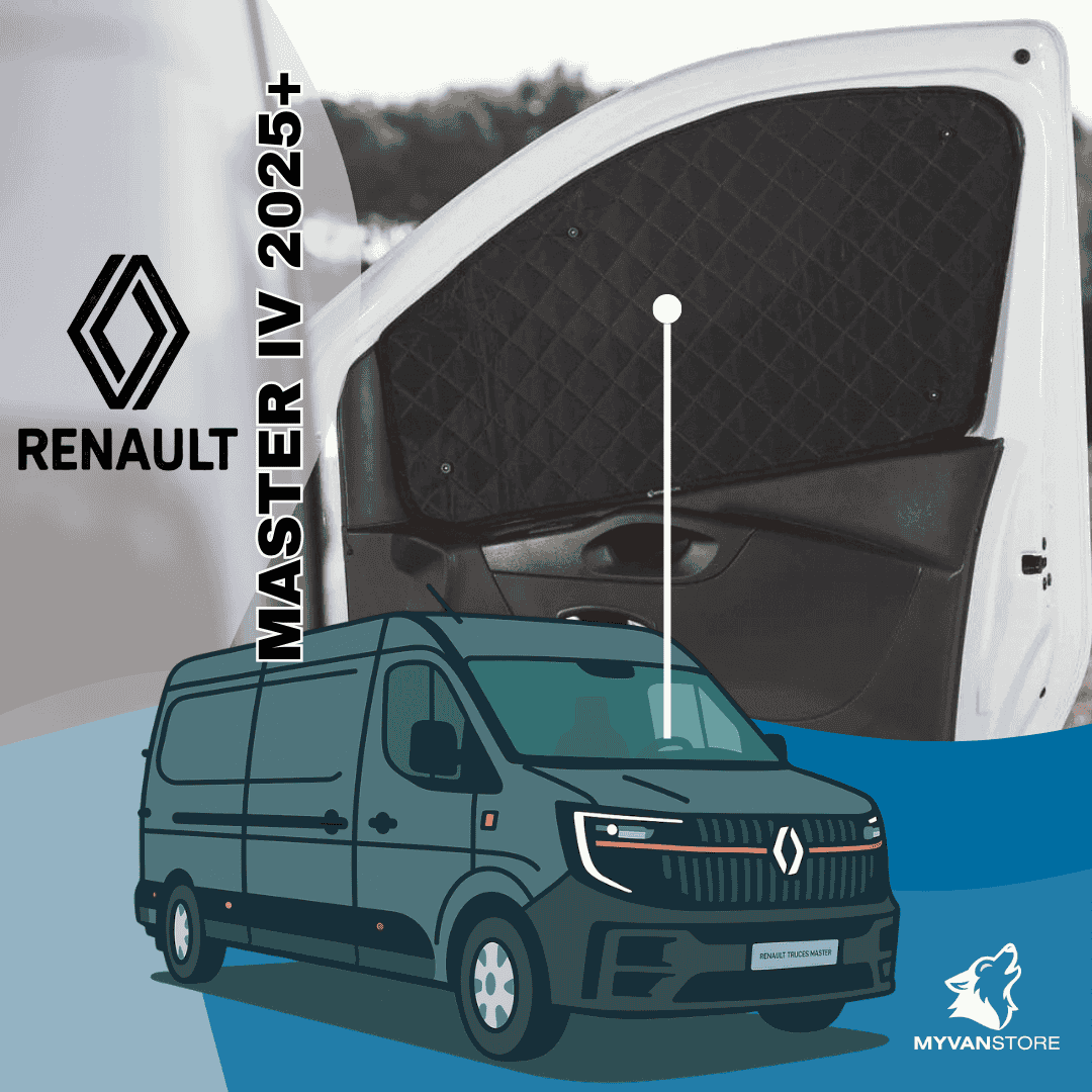 Rideaux occultants et isolants thermiques pare-soleil MyVanStore, conçus pour améliorer le confort et l’isolation des vans aménagés et camping-cars, compatibles avec Renault Master IV (à partir de 2025)